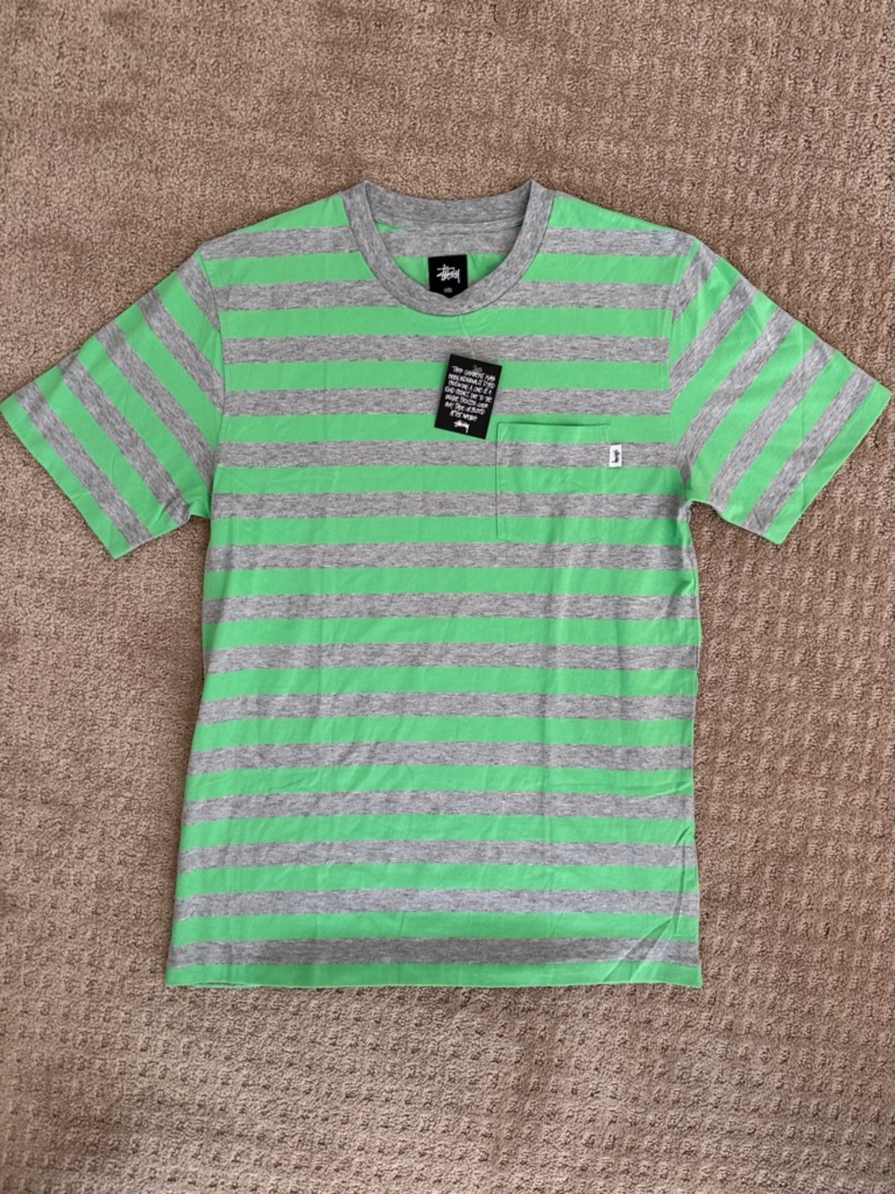 Stussy Green & Gray Striped Pocket Tee